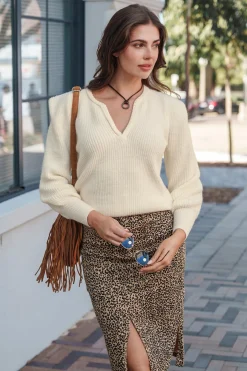 Aprikose langärmeliger Strickpullover mit tiefem Ausschnitt