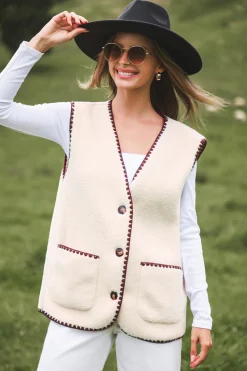 Beige Weste mit V-Ausschnitt und Knöpfen