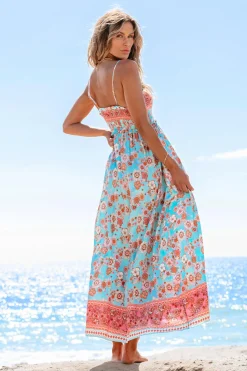 Blau & Rosa ärmelloses Maxikleid mit quadratischem Ausschnitt