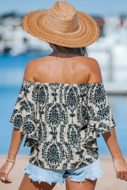 Blaue Schulterfreie Damast-Bluse mit ausgestellten Ärmeln