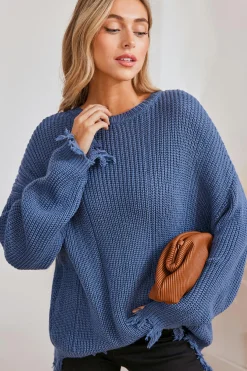 Blauer Distressed-Strickpullover