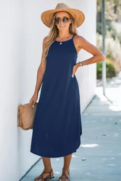 Blaues Ärmelloses Maxi-Strickkleid