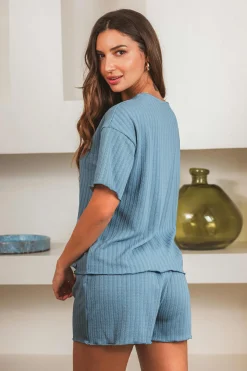 Blaues Rundhals-Pyjama-Set