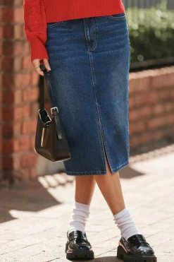 Denim-Midirock mit geteilter Front