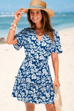 Florales V-Ausschnitt Minikleid mit Knopfleiste