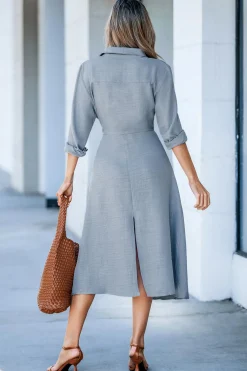 Graues Midi-Blusenkleid mit Kragen & langen Ärmeln