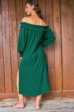 Grünes schulterfreies Midikleid mit Poetärmeln