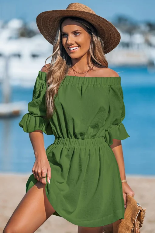 Grünes Schulterfreies Minikleid mit Halbärmeln