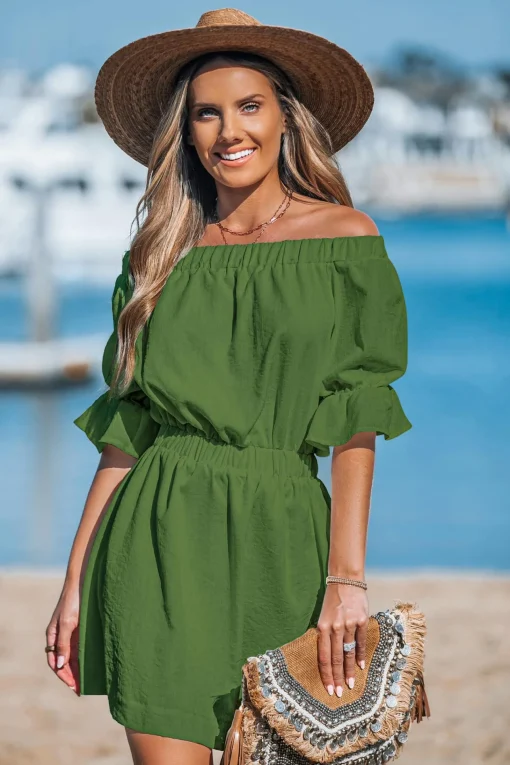 Grünes Schulterfreies Minikleid mit Halbärmeln