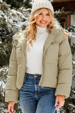 Khaki-Pufferjacke mit Frontreißverschluss