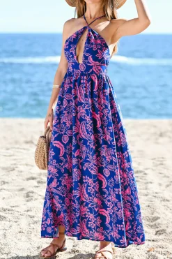 Ärmelloses Schlüsselloch-Maxikleid mit Blumenmuster