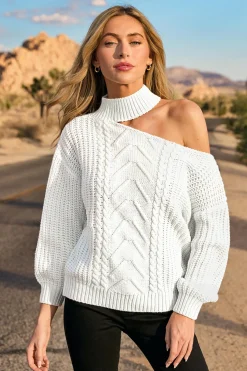Weißer langärmeliger Mockneck-Pullover mit Ausschnitt